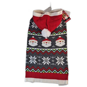 Simply Dog Christmas Sweater Sz Lg Pom Pom Hooded Santa Claus Red/Gray